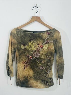 FANG 3/4 Sleeve Folk Whimsical Sheer Blouse Streetwear Alternative Size Large